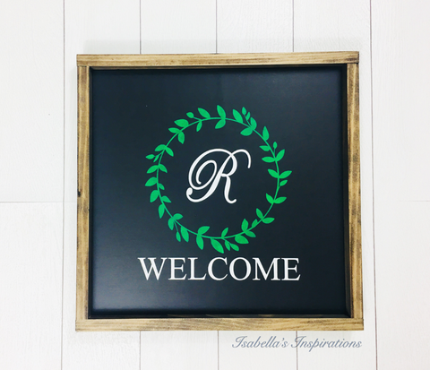Welcome with a Personalized Initial -- 16"x16" Wooden Sign